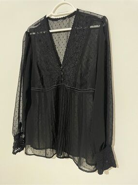 Vintage Black Sheer Lace-Trim V-Neck Blouse - Women